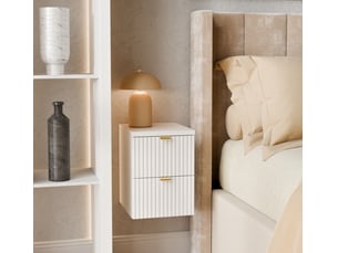 Table de chevet suspendue blanche – 25 cm, 2 tiroirs et façades cannelées