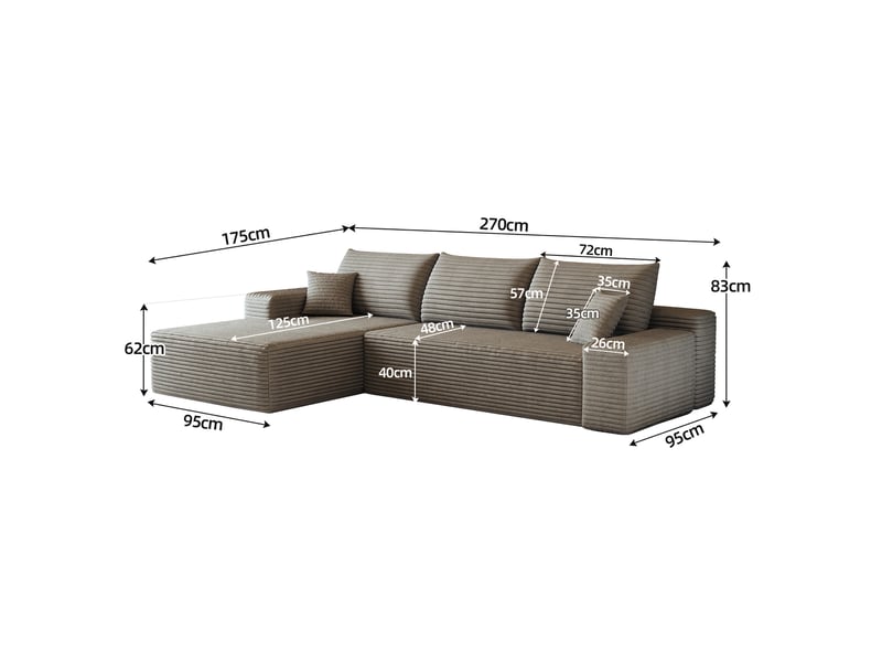 Canapé d'angle modulaire 3 places camel en velours côtelé, 270 x 175 x 83 cm - Conforama E