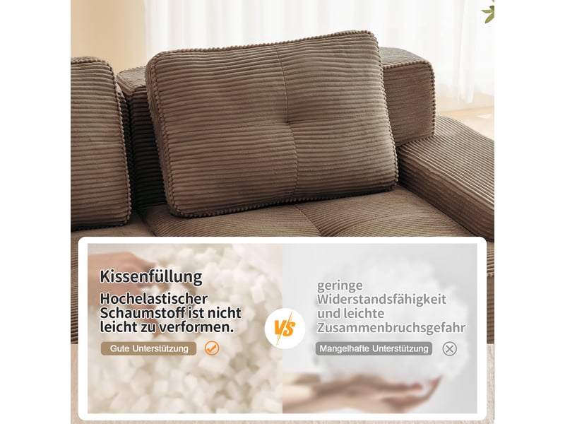 Canapé d'angle modulable 4 places en velours côtelé brun, design panoramique avec méridienne et coffre intégré, style contemporain - Conforama R