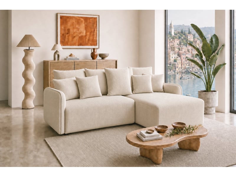  Portofino - canapé d'angle convertible petit velours côtelé 3 places beige  - Conforama B