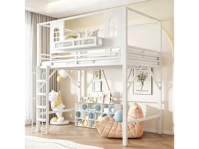  Lit enfant 90 x 200 cm espace de jeu fenêtre lit ado lit mezzanine multifonction structure en métal design toit échelle de sécurité compartiment de rangement finition blanche  - Conforama B