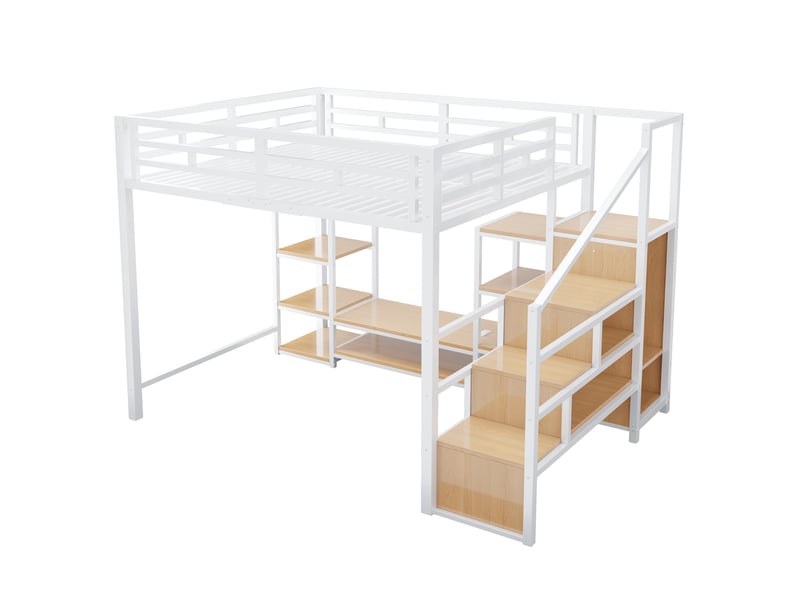  Lit mezzanine 140x200 cm avec rangements intégrés, prises intégrées, échelle ou escalier, structure métal, blanc  - Conforama D