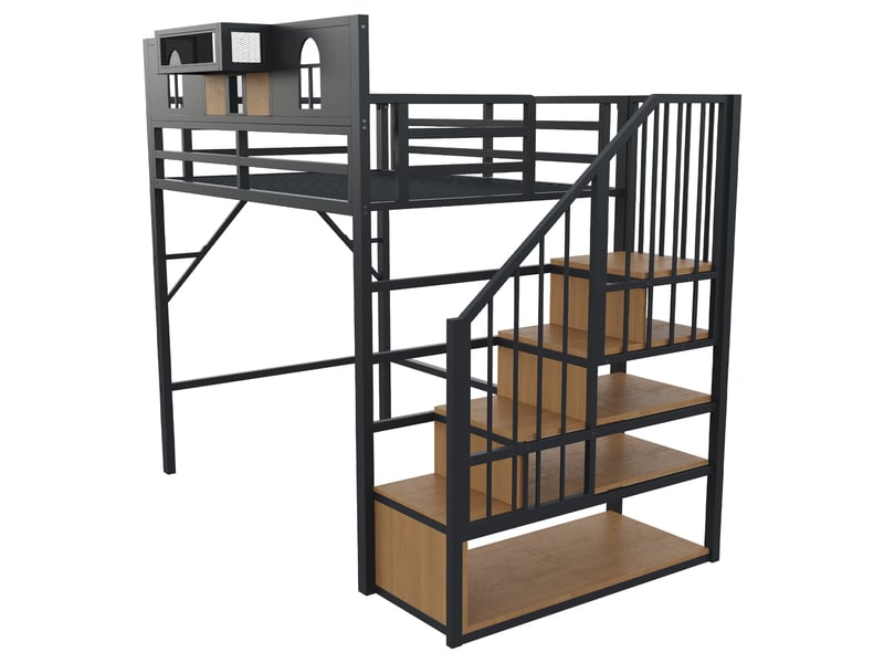 Lit mezzanine 90x200 cm avec rangement et led - lit enfant avec échelle de rangement et barrières de sécurité - métal noir - Conforama W