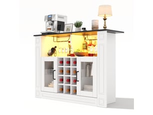 Meuble bar à vin avec éclairage led rgb, casier 12 bouteilles, 120 cm blanc et plateau noir