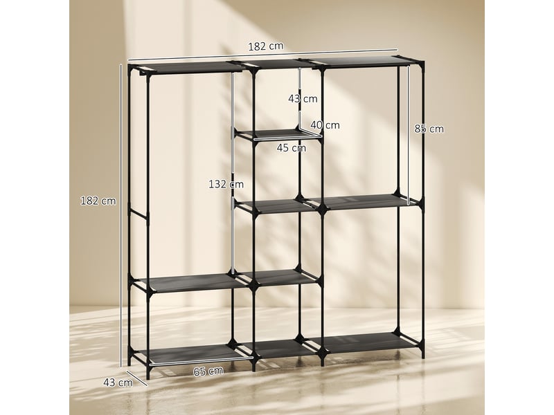  Armoire ouverte gain de place avec 3 tringles, 5 étagères, structure en acier, 182 x 43 x 182 cm, noire  - Conforama E