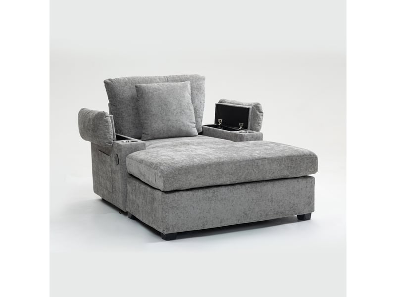 Fauteuil convertible avec repose-pieds pivotant et rangement - porte-gobelets, chenille gris - Conforama A