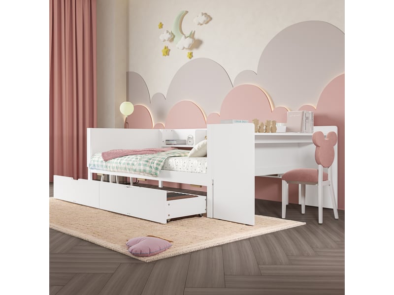  Lit simple 90x200 cm avec bureau, étagères et 2 tiroirs, coloris blanc  - Conforama E