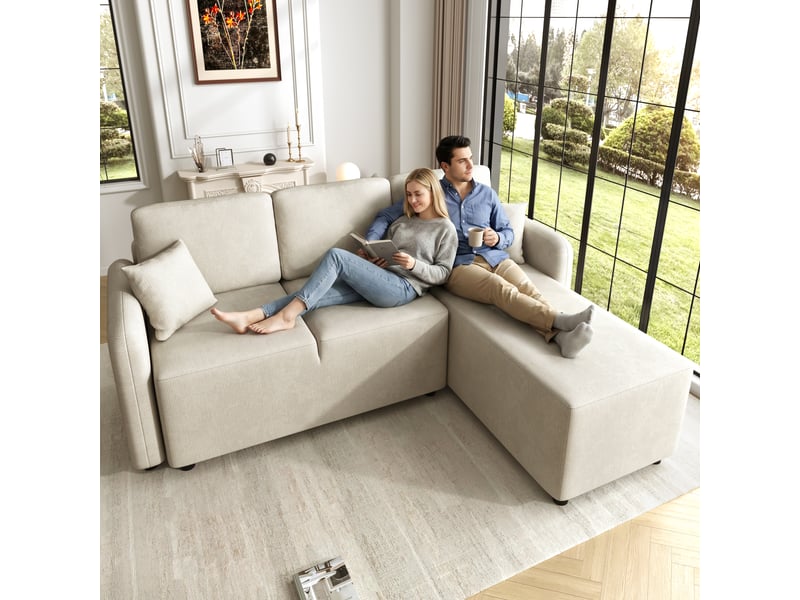  Canapé d'angle l 3 places, méridienne 144 cm, tissu chenille, mousse haute densité, 2 coussins inclus pour salon et appartement Fay Lum - Conforama B
