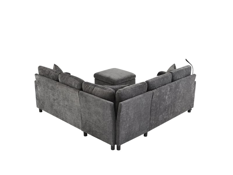 Canapé d'angle lora gris en chenille convertible avec pouf, lampe, usbtype-c et table cachée  - Conforama E