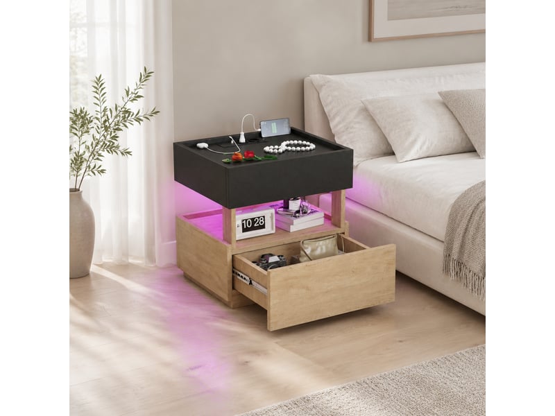  Table de chevet,50x40x50 cm,led, usb et 2 tiroirs,noir et bois naturel  - Conforama B
