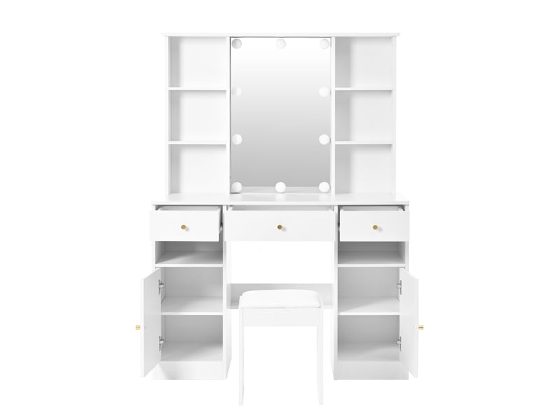  Coiffeuse hollywood avec miroir 46x72 cm et led réglable, rangement, 110x40x151 cm, panneau de particules, blanc  - Conforama E