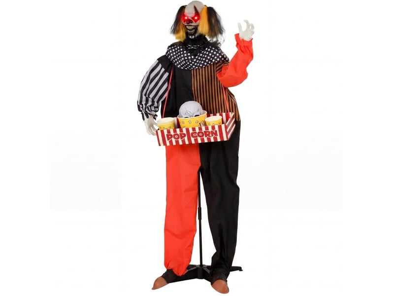  Décoration halloween animée clown pop-corn à tête jaillissante, yeux lumineux et sons, en plastique noir, 50 × 35 × 180 cm  - Conforama A