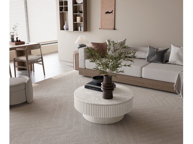  Table basse ronde avec coffre et décor cannelé blanc rétro 75 × 75 × 35 cm IKSETERA TRADING LTD - Conforama W