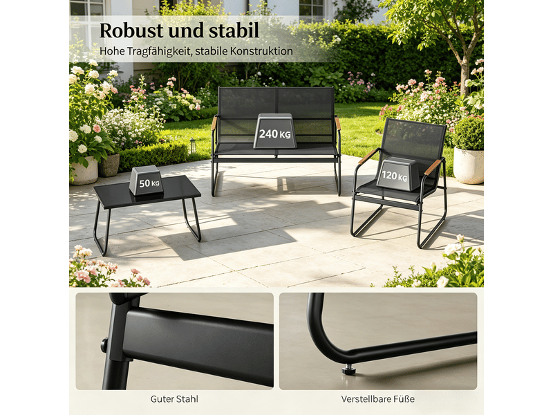 Salon de jardin avec 1 canapé 2 places, 2 fauteuils et 1 table basse, métal, verre trempé et polyester noir - Conforama E