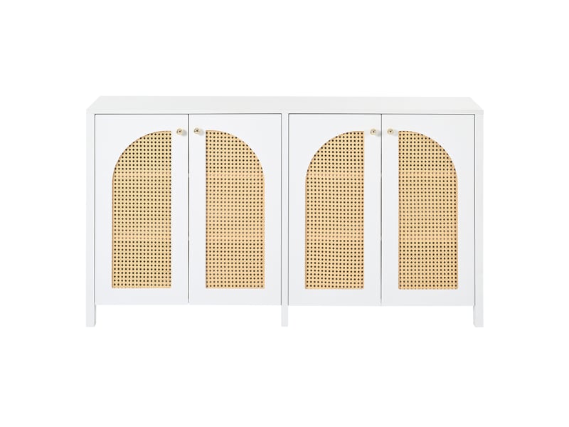  Buffet 4 portes rotin blanc minimaliste 145cm, meuble de rangement salle à manger avec étagères réglables  - Conforama D