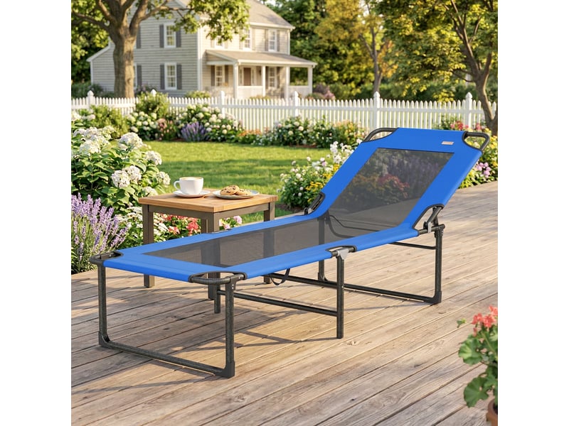  Transat pliant avec dossier réglable 4 positions, poignées et dossier en textilène, capacité de charge 120 kg, 175 x 58 x 68 cm, bleu  - Conforama C