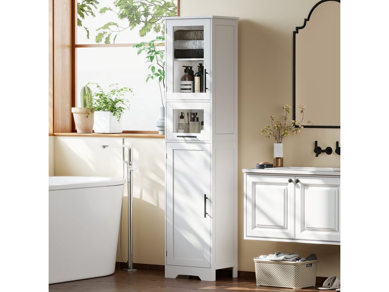  Meuble de salle de bain avec porte vitrée, étagères réglables et tiroir pour petits espaces, 40 x 31 x 170 cm, blanc  - Conforama C