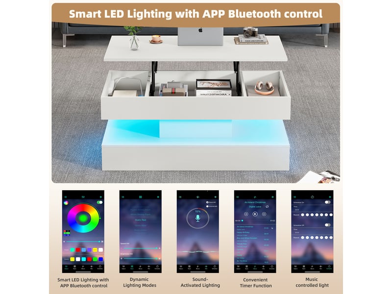  Table basse, à plateau relevable, avec éclairage led, avec rangement intégré, 100 x 50 x h 42–56 cm, blanc, structure en panneau de particules Luxe haut de gamme - Conforama D
