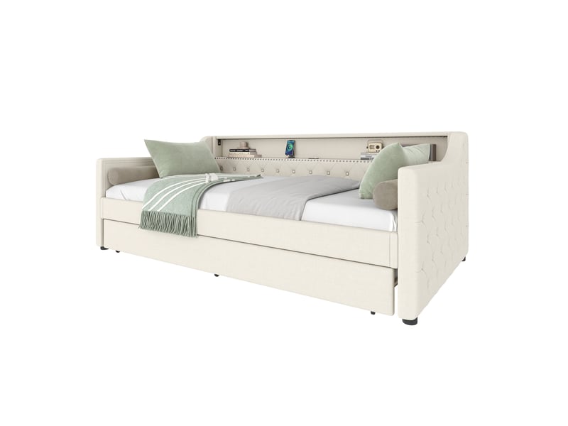  Lit 90x200 cm gigogne avec led, lin, beige, sans matelas  - Conforama W