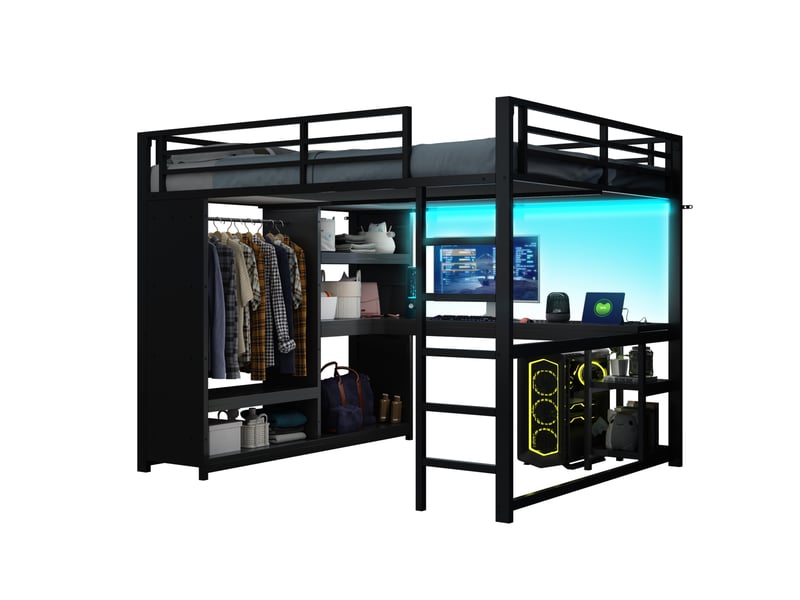  Lit mezzanine gaming en métal 160 x 200 avec éclairage led, bureau, penderie ouverte et compartiments de rangement, noir  - Conforama A