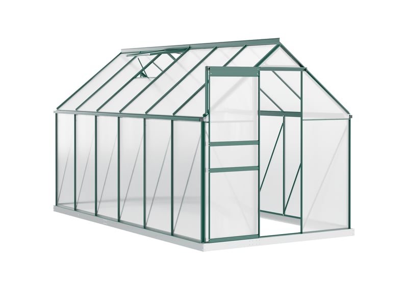  Serre de jardin en polycarbonate 190 x 375 x 199 cm, avec fenêtre ouvrante et porte coulissante, structure en aluminium, verte  - Conforama A