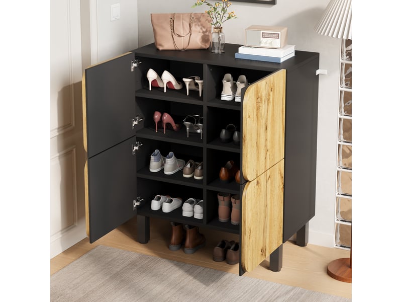 Meuble à chaussures 80x38,5x95 cm en mdf avec 4 portes et étagères réglables noir et naturel chicfurn  - Conforama E