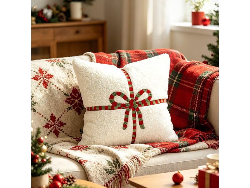  Lot de 2 housses de coussin noël 45 x 45 cm, blanc doux avec motif nœud cadeau, décoration canapé salon, blanc  - Conforama D