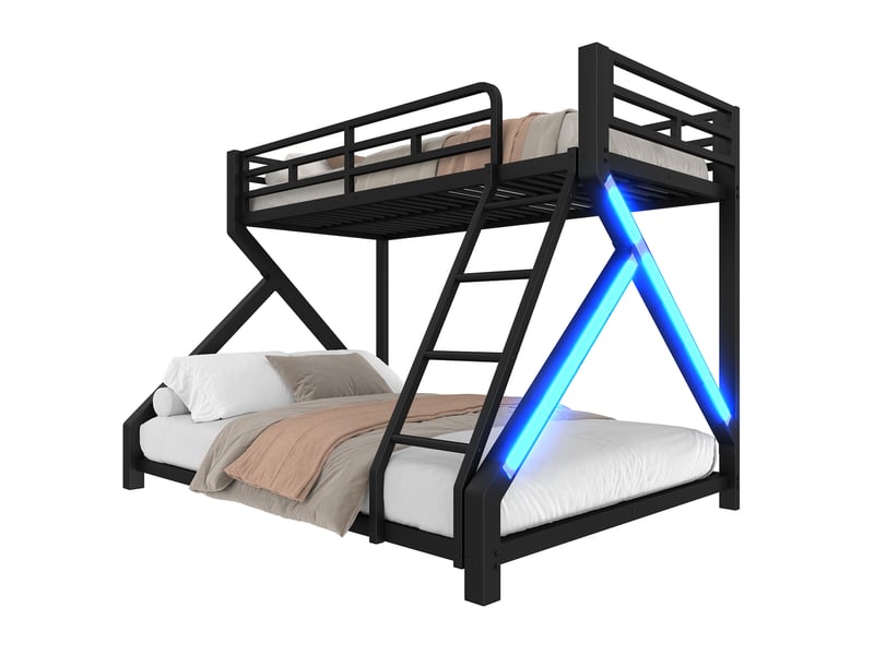  Lit superposé 90x200 et 140x200 cm en métal noir avec led, barrière de sécurité et échelle, pour enfants.  - Conforama A