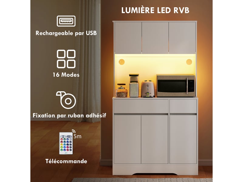  Buffet cuisine meuble cuisine rangement haut avec lumière led rgb, plan de travail, 6 portes, blanc, 2 tiroirs  - Conforama A