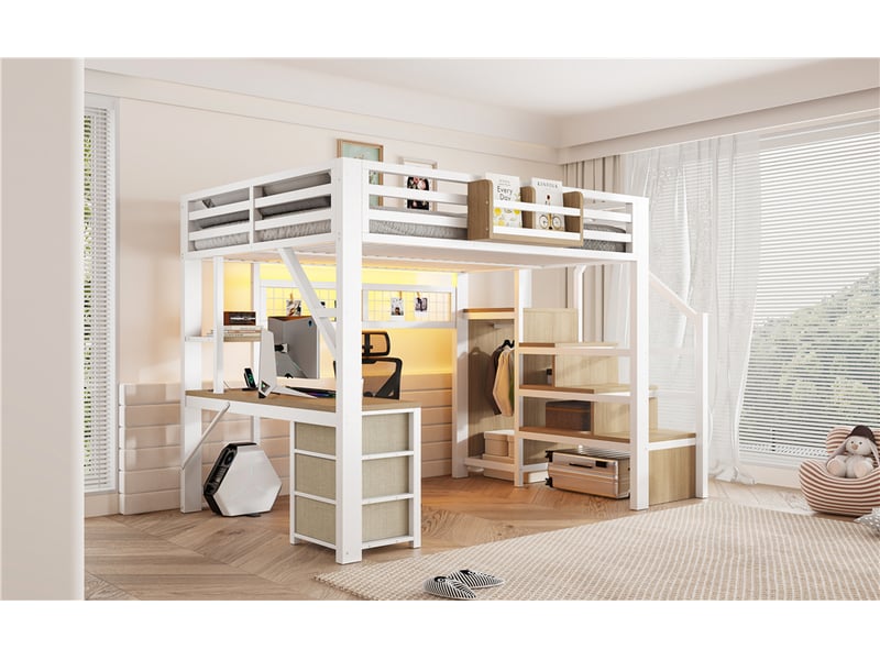  Lit mezzanine double 140×200 cm avec bureau, 3 tiroirs et led - okmyhome- blanc, sans matelas, métal  - Conforama E