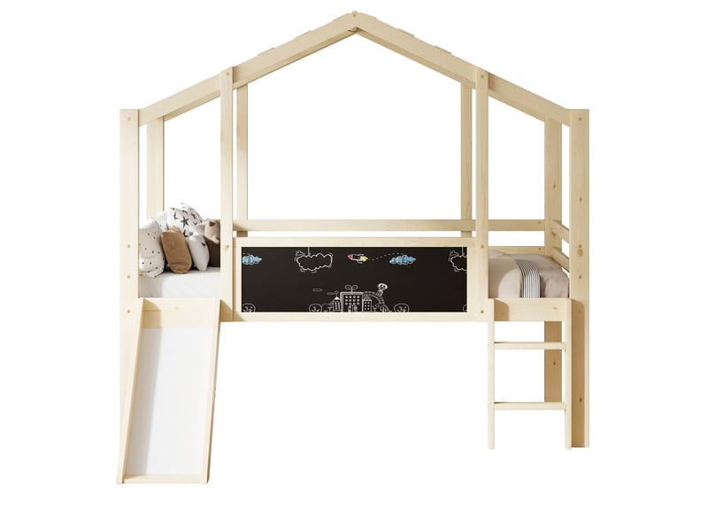  Lit enfant 90x200 cm avec toboggan sécurisé, structure style maison et échelle, bois naturel, sans matelas  - Conforama A