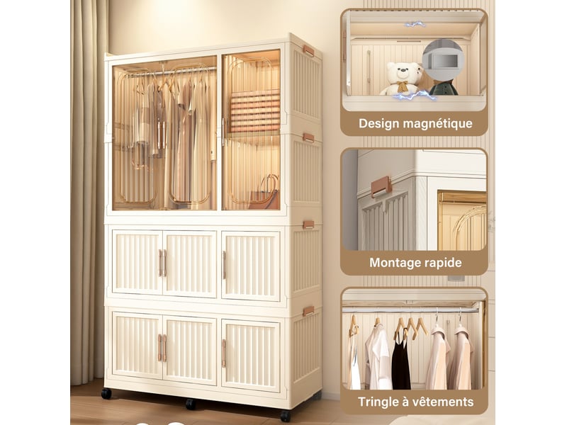  Armoire modulable pliable 92x45x158 cm avec 9 portes magnétiques couleur blanc crème, polypropylène  - Conforama D