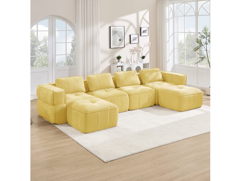  Canapé modulable en u 4 places avec 2 poufs, en polyester jaune  - Conforama B