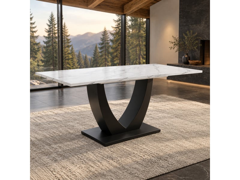  Table à manger rectangulaire 140x75,5cm, finition blanche, effet marbre design moderne, plateau aggloméré, cadre métal, usage cuisine, pieds ajustables  - Conforama B