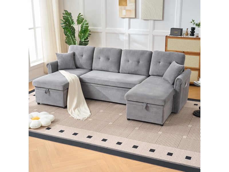  Canapé panoramique convertible tcqpz 4 places 266 x 130 x 85 cm avec rangements chenille gris  - Conforama E