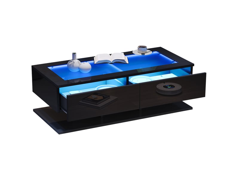  Table basse tcqpz 100 x 50 x 35 cm avec 2 tiroirs led plateau en verre trempé noir  - Conforama A