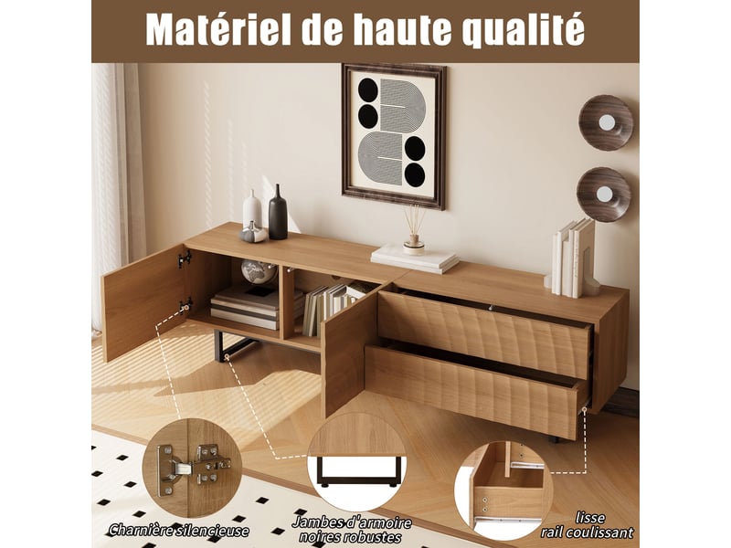  Meuble tv scandinave 180 cm bois naturel avec tiroirs et portes  - Conforama R