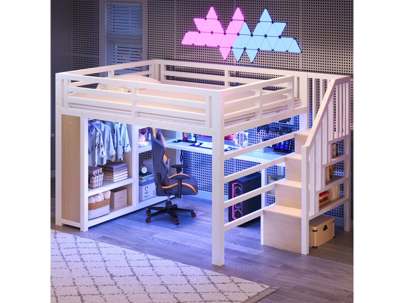 Lit mezzanine gaming 140x200 cm avec bureau, escalier de rangement, penderie ouverte, led multicolore via bluetooth, usb, garde-corps, métal blanc Radiant Stride - Conforama D