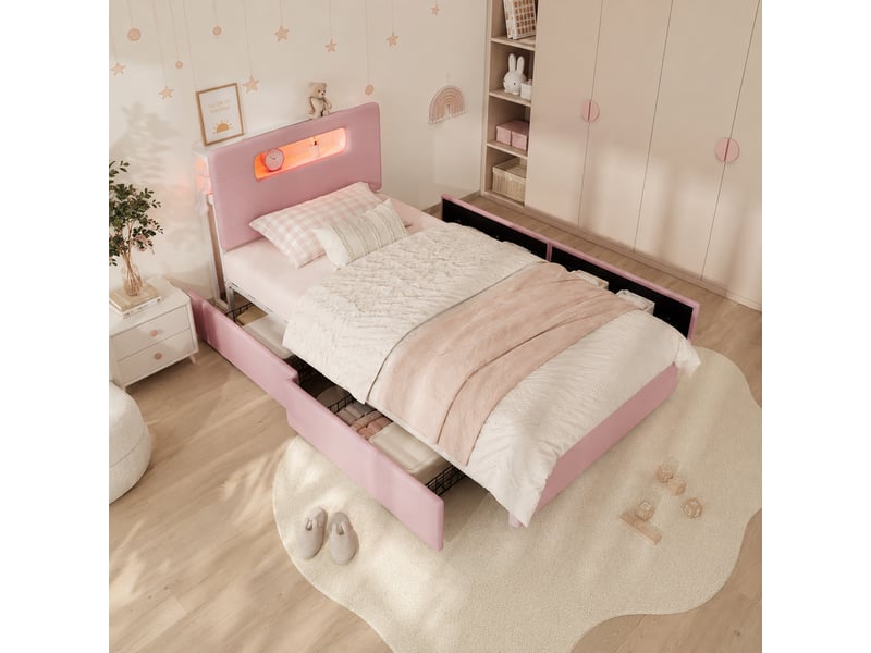  Lit enfant 90x200 cm lit rembourré avec 4 tiroirs et led via application, velours rose, sans matelas  - Conforama W