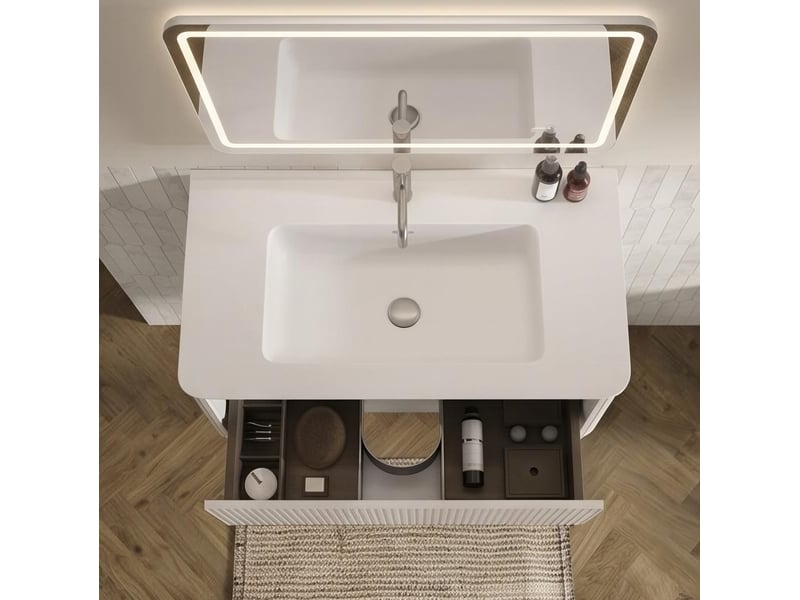  Ensemble de salle de bains avec meuble sous vasque 81x46,5x37 cm led mdf blanc  - Conforama D
