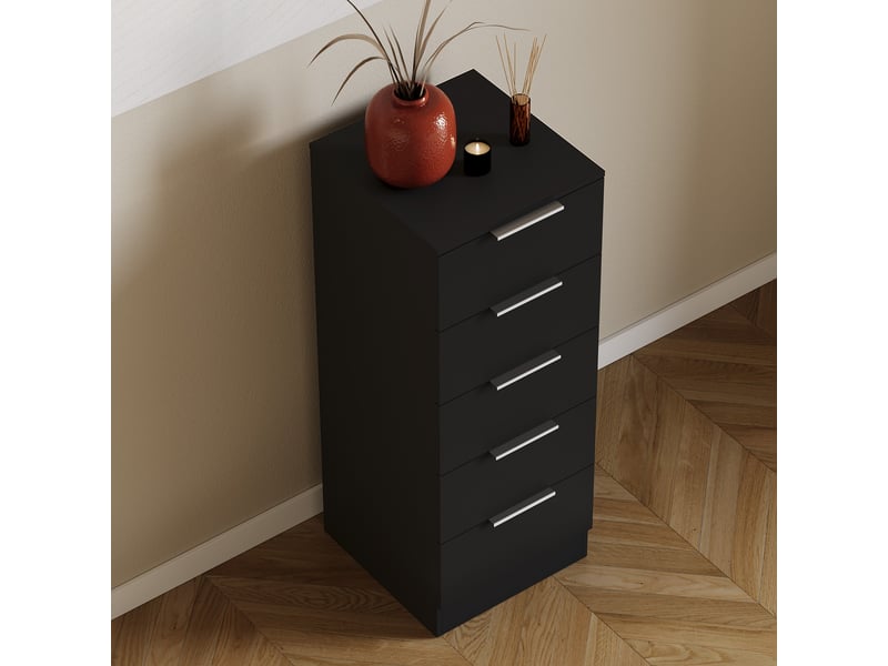 Commode trega 5 tiroirs étroite, chambre, rangement, petit espace, 90x34,5x36cm, noir 3332115 - Conforama E