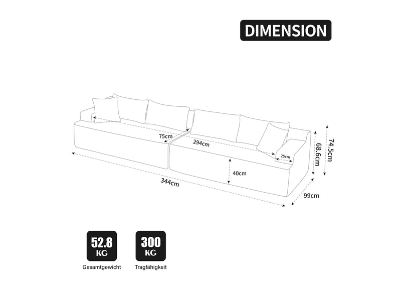 Canapé modulable 6 places en chenille ivoire avec chaise longue, 344 x 99 x 74,5 cm - Conforama E