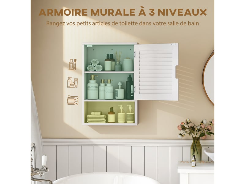  Armoire murale salle de bain blanche 40 x 20 x 60 cm, porte à persiennes et compartiment ouvert  - Conforama R