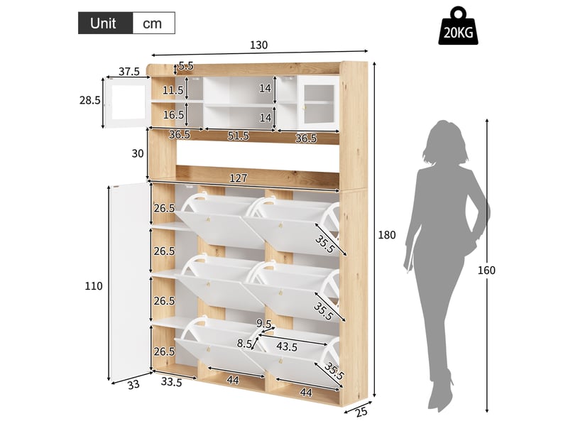  Meuble à chaussures 130x25x180 cm en panneaux de particules et verre avec 6 compartiments basculants et éclairage led blanc et naturel chicfurn  - Conforama D