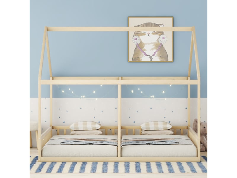 Lits simples 90x200cm pour 2 personnes, lit enfant, lit cabane, lit plat, forme maison, naturel - Conforama B