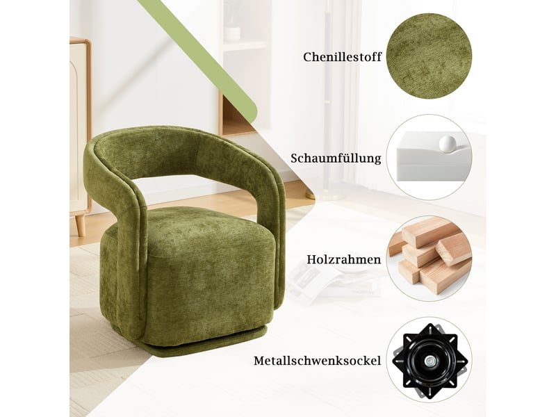  Fauteuil pivotant 360° barrel chair avec dossier ergonomique - lpospi - chenille rembourrée, bois vert  - Conforama E