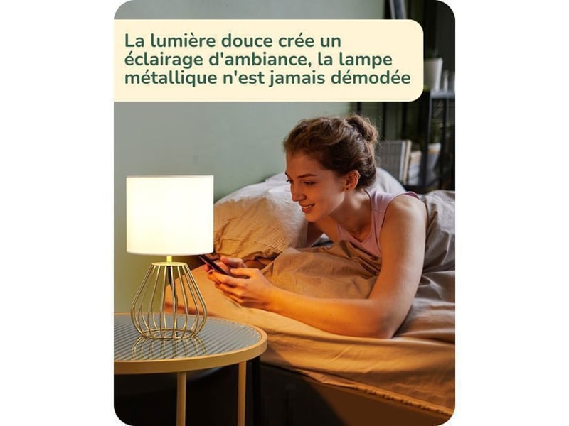  Lampe de chevet design industriel t165 abat-jour lin blanc base metal or e14 led 2700k 29 cm 370618_AAAYP05907_6_DROPFR - Conforama E