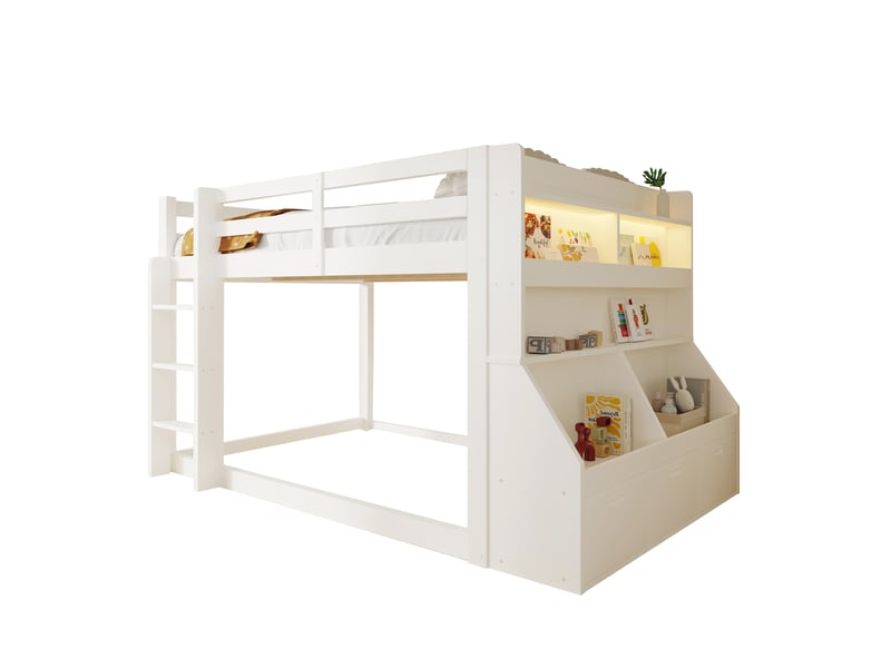 Lit mezzanine enfant 140 x 200 cm avec espace modulable sous le couchage, étagères ouvertes et 2 compartiments rabattables avec led, en bois blanc - Conforama A