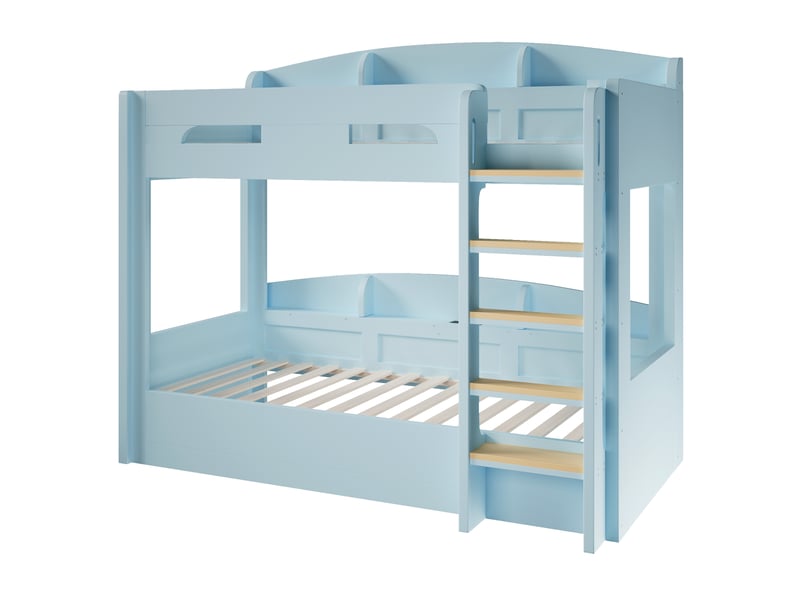 Lit superposé bleu clair 90x200 cm en pin et mdf, 2 couchages avec étagères de rangement à chaque niveau et prise usb - Conforama A