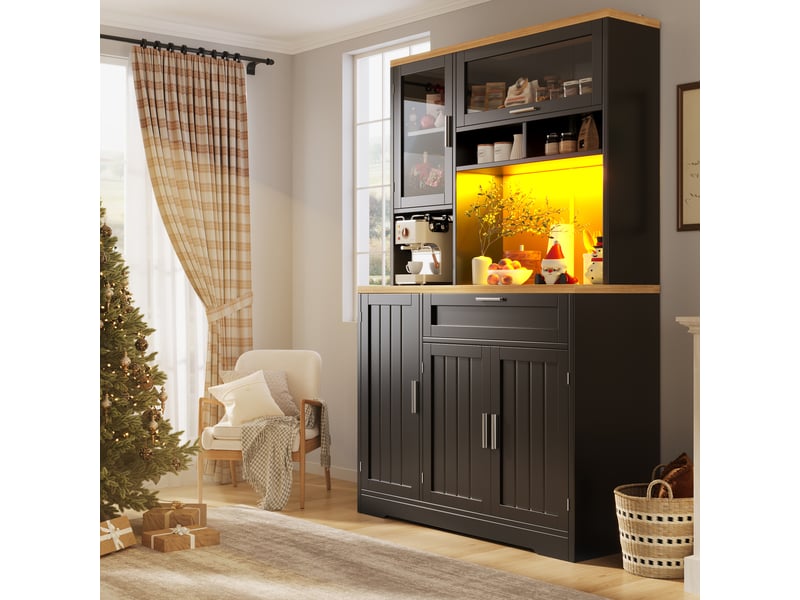  Meuble de cuisine muvano, buffet haut de cuisine avec vitrine, éclairage led, noir, 104 × 40 × 180 cm  - Conforama C